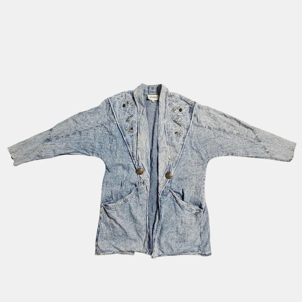 Vintage 90s Sunny Sport Metal Studded Acid Wash Blazer Denim Jacket 8 Retro‎
